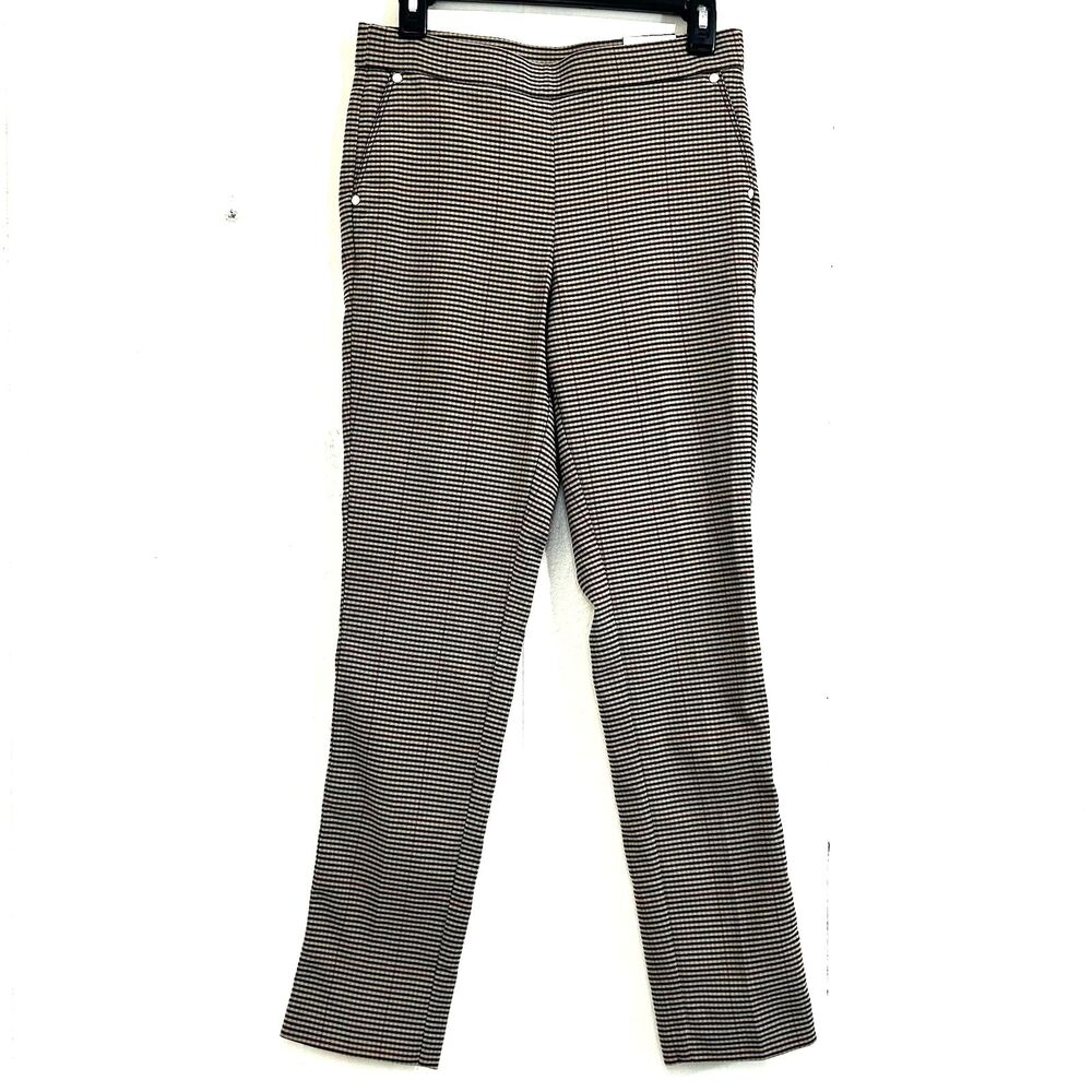 Ann Klein Women Slim Ankle Ponte Knit Pants Size Small Gold Button Pull On Plaid